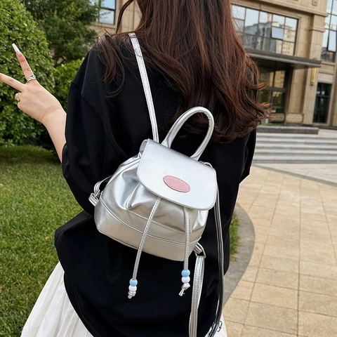 Damen Mini PU Leder Mode Rucksack Preppy Stil Color Block Kordelzug Klappe Handtasche Schule Reisen Große Kapazität Tasche