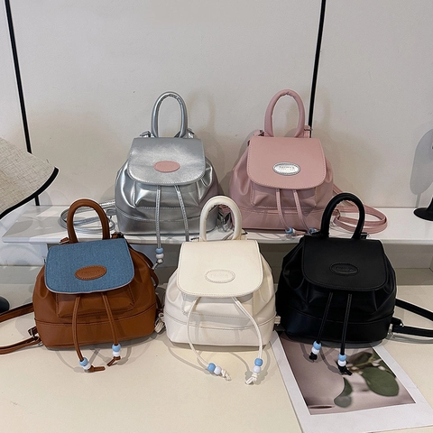 Mochila Mini de Moda para Mujer Informal Street Trend de Cuero PU Mochila Pequeña con Cordón y Cierre de Solapa para Diario