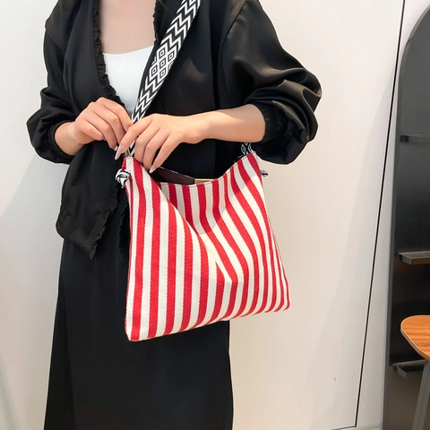 Borsa Tote in Tela a Righe da Donna Grande Capacità Borsa a Tracolla Casual Con Tracolla Larga a Motivo Geometrico Borsa Versatile