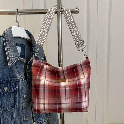 Plaid Segeltuch Tragetasche Für Damen Große Kapazität Student Schultertasche Mit Geometrischem Breitem Gurt Mode Reise Tasche