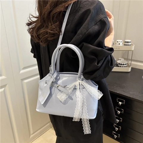 Women Fashion PU Leather Shoulder Bag Large Capacity Solid Color Handbag With Lace Bow Sweet Crossbody Bag Casual Daily Tote