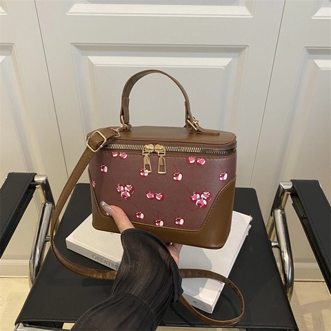 Borsa a Tracolla Quadrata in Pelle PU Con Stampa a Ciliegie Retro Grande Capacità Borsa a Mano Con Doppia Cerniera Manico Superiore Donna