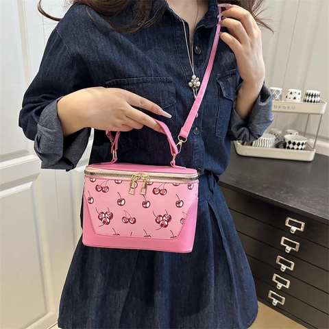 Borsa a Tracolla Quadrata in Pelle PU Con Stampa a Ciliegie Retro Grande Capacità Borsa a Mano Con Doppia Cerniera Manico Superiore Donna
