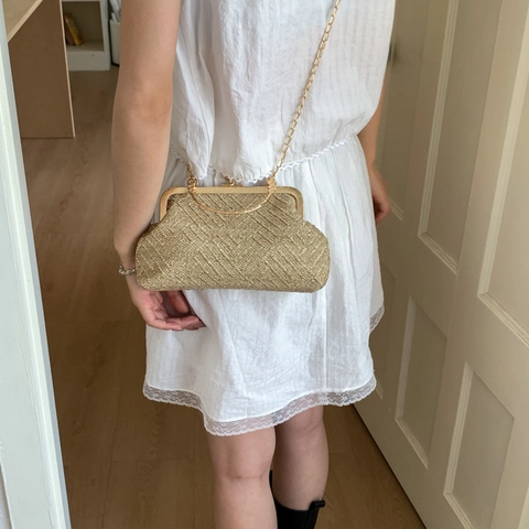 Vintage Gewebte Kissentasche Umhängetasche Für Damen Gold Metallgriff Kussverschluss Abend Clutch Mit Kette Party Handtasche