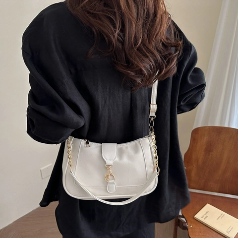 Bolso de Hombro de Media Luna de Cuero PU para Mujer Minimalista Color Sólido Bolso de Axila Con Cadena y Cierre Metálico
