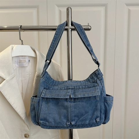 Borsa a Spalla in Denim Vintage per Donna Multitasche Casual Grande Capacità in Tessuto Jeans Lavato Borsa a Tracolla