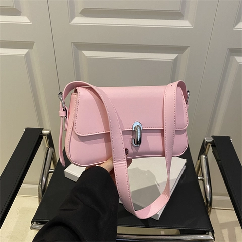 Bolso de Axila para Mujer Minimalista de Cuero PU Bolso de Hombro de Moda Color Sólido Con Cierre Plateado Bolso Cuadrado Pequeño