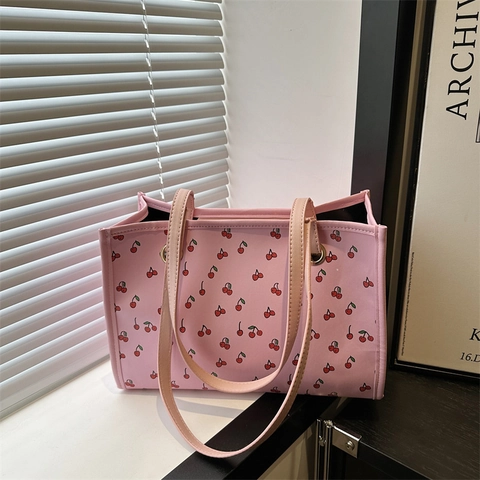 Borsa a Spalla Tote da Donna in Pelle PU con Stampa Ciliegie Stile Dolce Grande Capacità Borsa Casual Uso Quotidiano