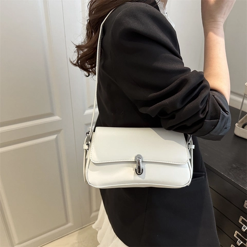 Bolso de Axila para Mujer Minimalista de Cuero PU Bolso de Hombro de Moda Color Sólido Con Cierre Plateado Bolso Cuadrado Pequeño
