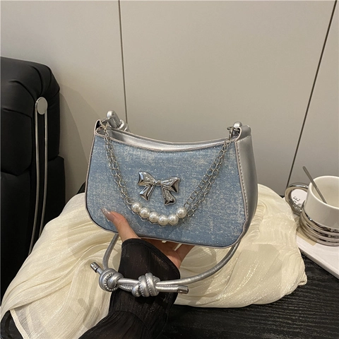 Französischer Vintage Denim Textur PU Leder Schultertasche Für Damen Süß Cool Schleife Perle Kette Große Kapazität Achseltasche