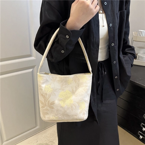 Nuova Borsa a Secchiello a Spalla con Stampa Floreale Stile Cinese Donna Moderno Minimalista Nylon Pendolarismo Giornaliero
