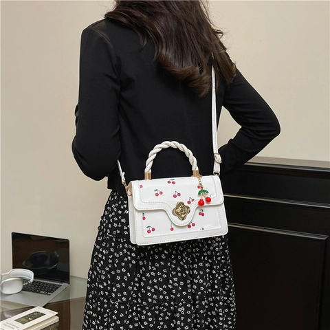Bolso de Mano de Cuero PU con Estampado de Cerezas Cierre de Flor Bolso Bandolera con Colgante de Cereza Moda