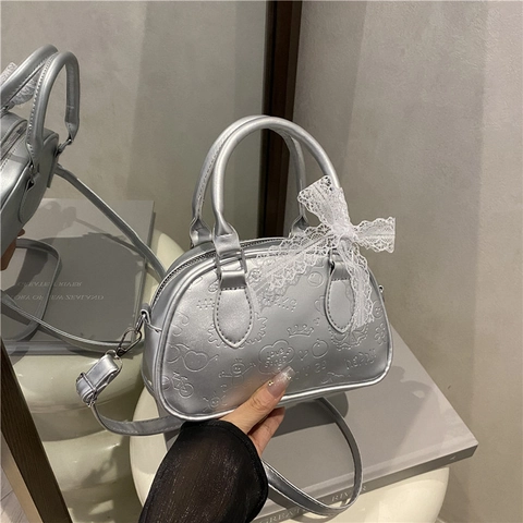Borsa a Spalla Boston da Donna in Pelle PU Retro Con Fiocco in Pizzo Motivo Cartoon a Rilievo Borsa a Tracolla Moda
