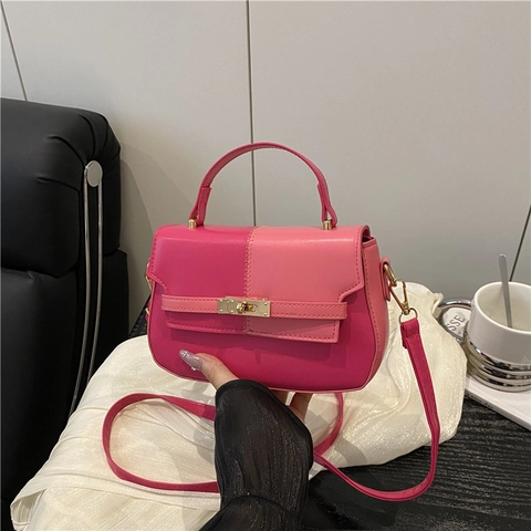 Gesplitste PU Lederen Schoudertas Voor Dames Contrast Kleur Kleine Vierkante Tas Met Metalen Slot Elegante Handtas Mode Crossbody Tas