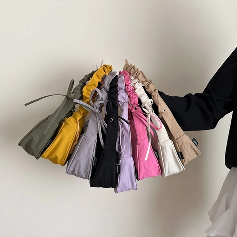 Women Minimalist Small Square Shoulder Bag With Trendy Ruffle Strap Bow Details Lightweight Fabric Underarm Bag Casual Daily Style
