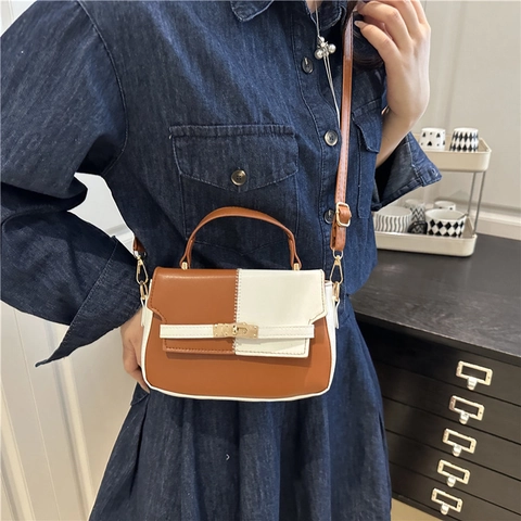 Gesplitste PU Lederen Schoudertas Voor Dames Contrast Kleur Kleine Vierkante Tas Met Metalen Slot Elegante Handtas Mode Crossbody Tas