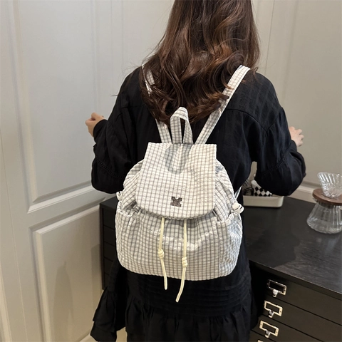 Dames Koreaanse Stijl Geruite PU Leren Rugzak Mode Grote Capaciteit Koordsluiting Klep Schooltas Voor Dagelijks Casual Gebruik