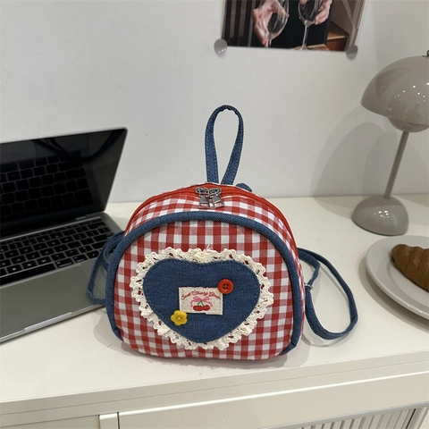 Mini Sac à Dos Vichy Mignon pour Filles Toile Denim Cœur Dentelle Sac d'École Style Japonais Frais Cerise Douce Sac de Voyage à la Mode