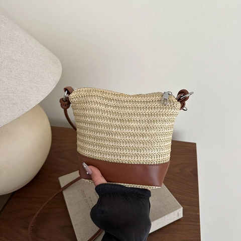 Dames Stro Schoudertas Contrast PU Leer Grote Capaciteit Strand Vakantie Crossbodytas Onderarm Handtas