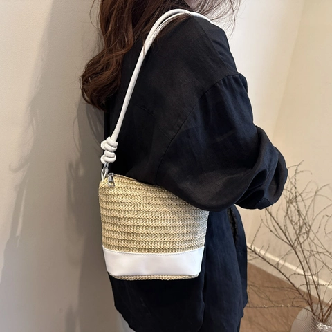 Dames Stro Schoudertas Contrast PU Leer Grote Capaciteit Strand Vakantie Crossbodytas Onderarm Handtas