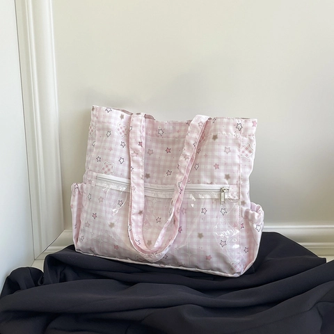 Borsa a Spalla Giapponese in Tela Gingham Stampa Stellata Grande Capacità Tote Bag Con Tasca Trasparente Borsa Scuola Preppy Donna