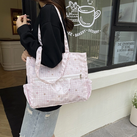 Borsa a Spalla Giapponese in Tela Gingham Stampa Stellata Grande Capacità Tote Bag Con Tasca Trasparente Borsa Scuola Preppy Donna