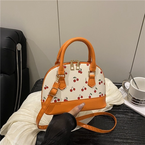 Mode Damen Kirschdruck PU Leder Muschel Tasche Große Kapazität Pendeln Schulter Umhängetasche Minimalistische Handtasche