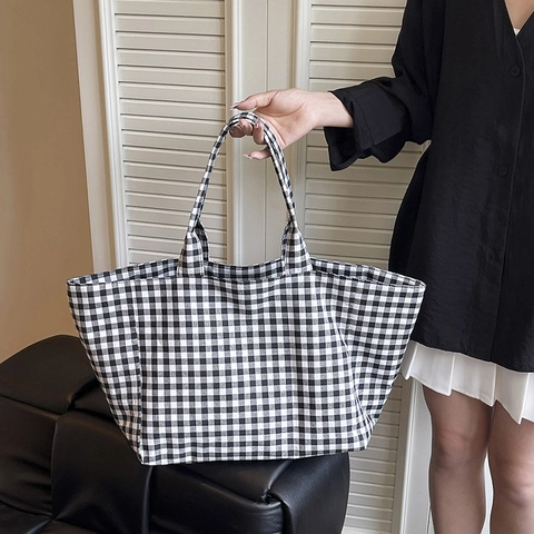 Damen Große Kapazität Canvas Gingham Karo Tote Tasche Urbaner Minimalistischer Koreanischer Stil Schultertasche Täglich Reise