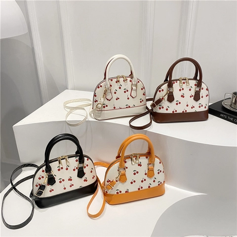 Bolso de Mano de Concha con Estampado de Cerezas Dulces para Mujer Cuero PU Color de Contraste Bolso de Bandolera Ajustable