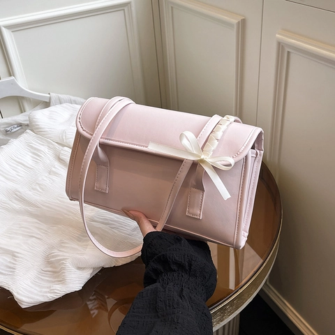 French Ballet Style Bow Shoulder Bag For Women PU Leather Underarm Baguette Handbag Elegant Minimalist Daily Purse
