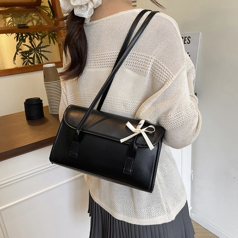 French Ballet Style Bow Shoulder Bag For Women PU Leather Underarm Baguette Handbag Elegant Minimalist Daily Purse