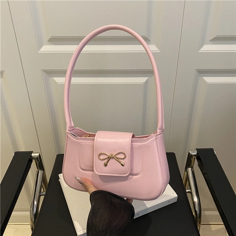 Sac Sous l'Aisselle pour Femmes Décor Nœud Papillon en Cuir PU Mode Grande Capacité Sac à Épaule Tendance