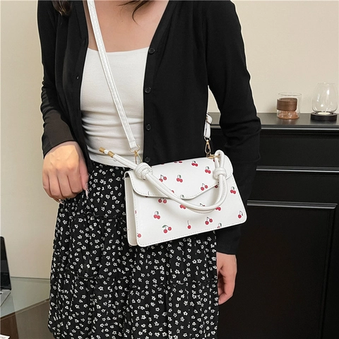 Cute Cherry Print PU Leather Small Square Shoulder Bag For Women Sweet Knot Handle Crossbody Satchel Daily Fashion Purse