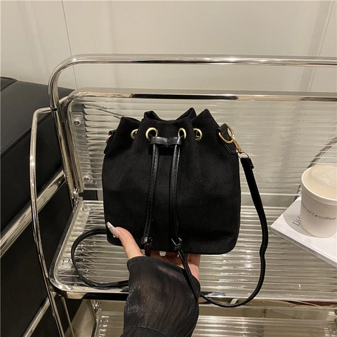 Fashion Simple Suede Texture Bucket Bag For Women Trendy Urban Large Capacity Casual Drawstring Shoulder Crossbody Bag