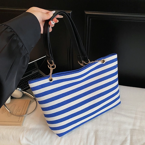 Large Capacity Women Canvas Striped Tote Bag With Gold Chain And Leather Handle Fashionable Casual Daily Shoulder Bag