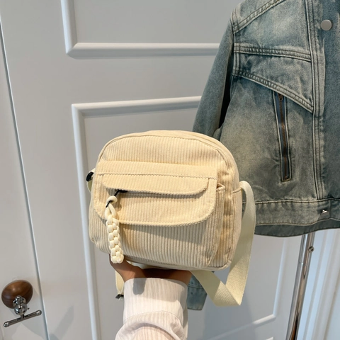 Women's Fashion Corduroy Crossbody Bag Solid Color Casual Shoulder Bag With Braided Zipper Puller Stitching Square Purse