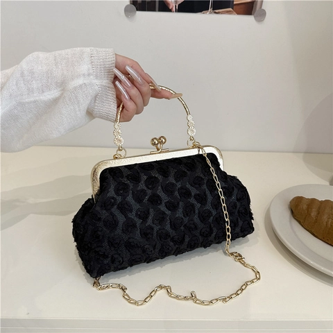 Women's Elegant 3D Rose Floral Evening Clutch Bag Vintage Nylon Handbag With Metal Handle Metal Kiss Lock Shoulder Bag With Chain Purse