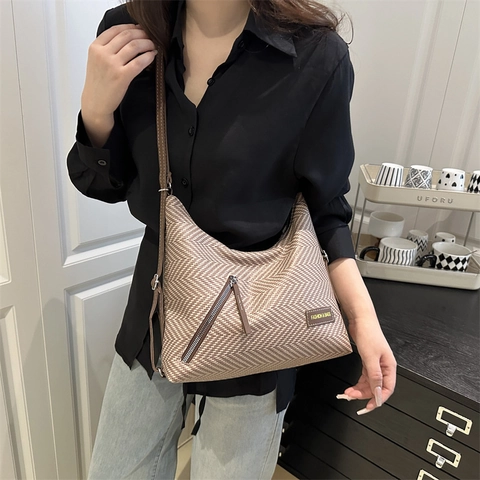 Mode Fischgrätenmuster Gewebte Leinwand Tote Bag Für Damen Große Kapazität Umhängetasche Mit Kunstlederriemen Vintage Pendlertasche