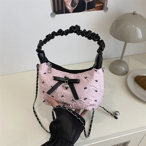 Borsa a Tracolla da Donna in Pelle PU Sottobraccio Stile Ballerina con Fiocco Ciondolo a Cuore Catena Borsa Trendy