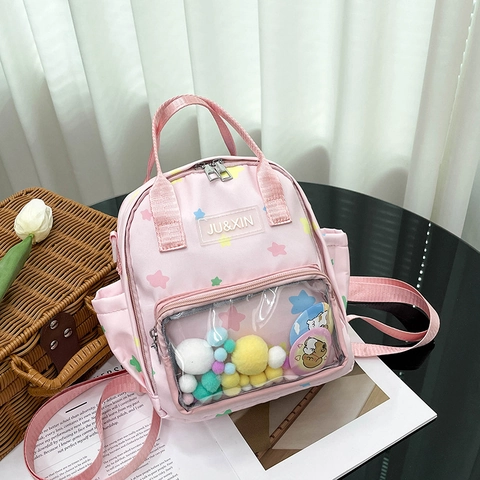Kawaii Stern Bedruckt Ita Tasche Mini Rucksack Mit Transparentem Fenster Für Teenager Mädchen Süße Leinwand Schultasche