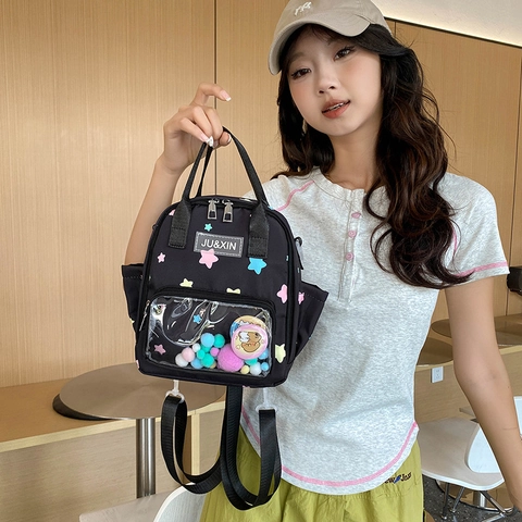 Kawaii Stern Bedruckt Ita Tasche Mini Rucksack Mit Transparentem Fenster Für Teenager Mädchen Süße Leinwand Schultasche