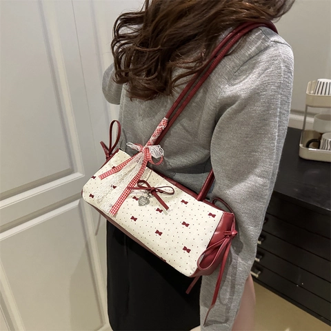 Damen Süße Schleife Achseltasche Französisch Retro Leinwand PU Umhängetasche Mit Spitze Schleife Und Herz Anhänger Weiß Blau Schicke Handtasche