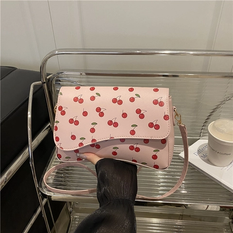 Damen Süße Kirsche Druck Klappe Schultertasche PU Leder Trendy Umhängetasche Quadratische Tasche Mit Verstellbarem Gurt Alltag