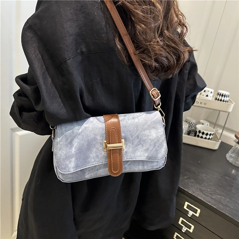 Französische Vintage PU Leder Schultertasche Für Damen Denim Textur Unterachseltasche Goldene Schnalle Schicke Pendeltasche