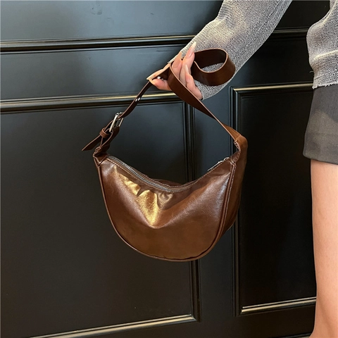 Minimalist PU Leather Crescent Shoulder Bag For Women Street Trend Solid Color Crossbody Dumpling Bag With Adjustable Strap