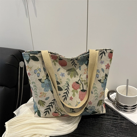 Damen Retro Leinwand Tragetasche Mit Blumenmuster Große Kapazität Bedruckte Umhängetasche Lässige Mode Pendler Reisetasche Handtasche