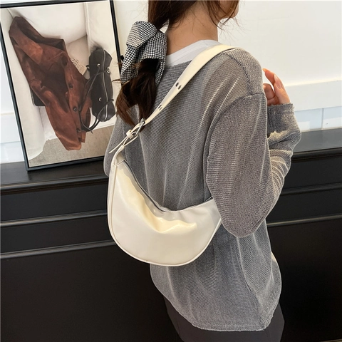 Minimalist PU Leather Crescent Shoulder Bag For Women Street Trend Solid Color Crossbody Dumpling Bag With Adjustable Strap