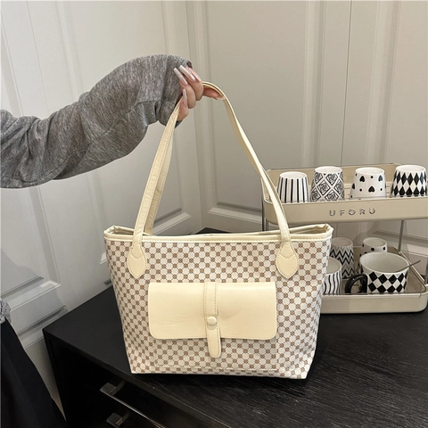 Borsa Tote in Pelle PU Grande Capacità Motivo Geometrico Vintage Borsa a Spalla Con Tasca Frontale Donna Casual Quotidiana Sottobraccio