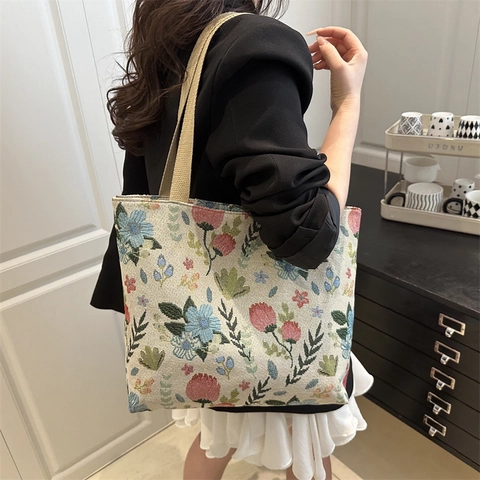 Sac Cabas Femme Toile Jacquard Floral Ethnique Vintage Grande Capacité Sac à Épaule Sac à Main Imprimé Rétro Pour Navettage École Voyage