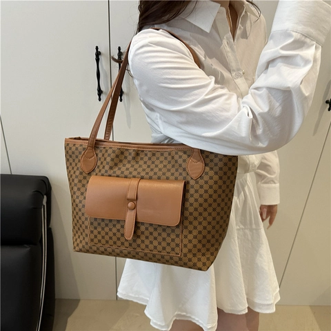 Borsa Tote in Pelle PU Grande Capacità Motivo Geometrico Vintage Borsa a Spalla Con Tasca Frontale Donna Casual Quotidiana Sottobraccio